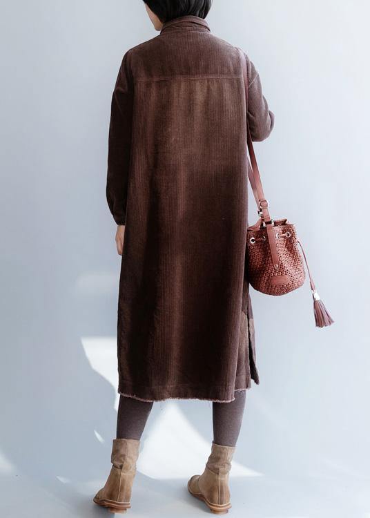 Brown Cotton Wardrobes Side Open Robe Lapel Collar Dresses