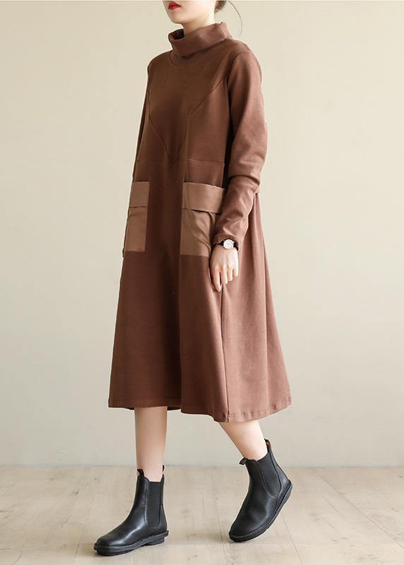 Brown Cotton Clothes High Neck Patchwork Dress