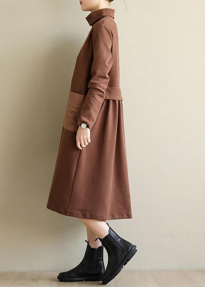 Brown Cotton Clothes High Neck Patchwork Dress
