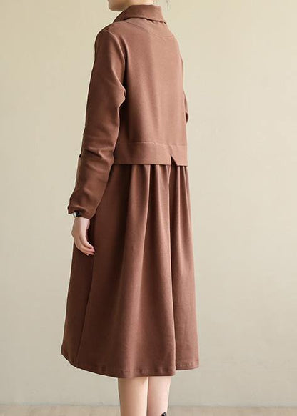 Brown Cotton Clothes High Neck Patchwork Dress
