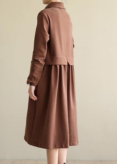 Brown Cotton Clothes High Neck Patchwork Dress