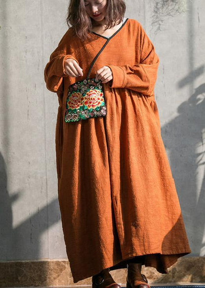Brown Cotton Linen Quilting Dresses O Neck Embroidery Spring Dresses