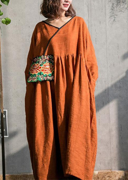 Brown Cotton Linen Quilting Dresses O Neck Embroidery Spring Dresses