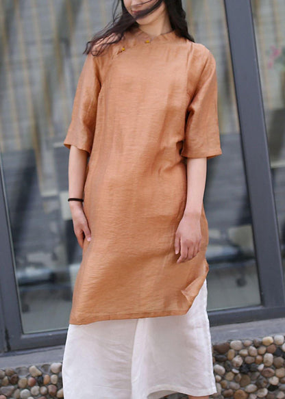 Brown Linen Outfit Stand Collar Side Open Art Dress