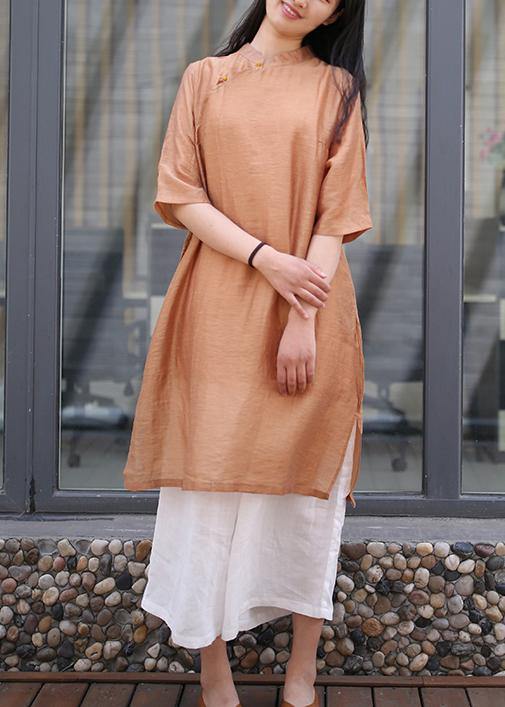 Brown Linen Outfit Stand Collar Side Open Art Dress