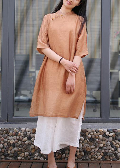 Brown Linen Outfit Stand Collar Side Open Art Dress
