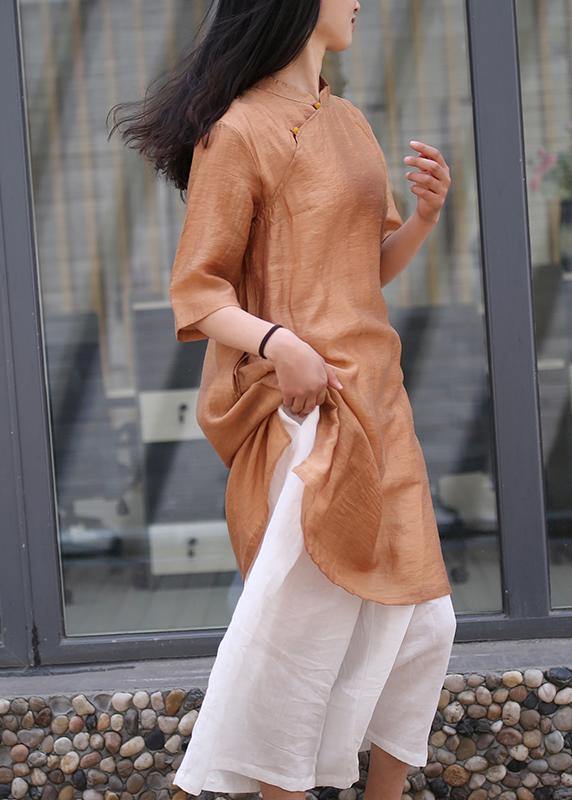 Brown Linen Outfit Stand Collar Side Open Art Dress
