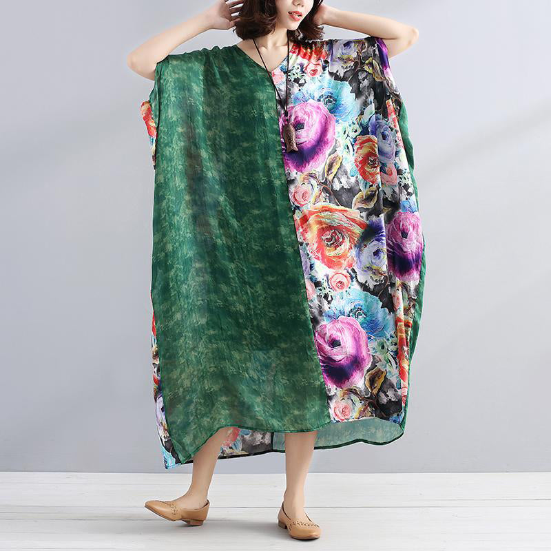 Chiffon Robes Fitted V Neck Splicing Short Sleeves Printed Summer Dress