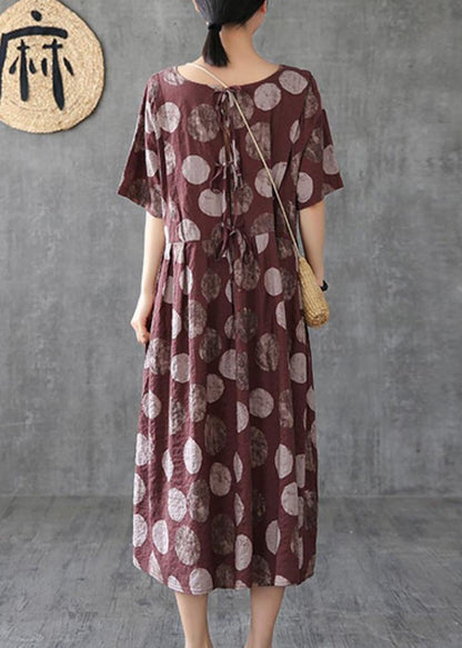 Chocolate Dotted Linen Cotton Clothes O Neck Cinched Robe Dress