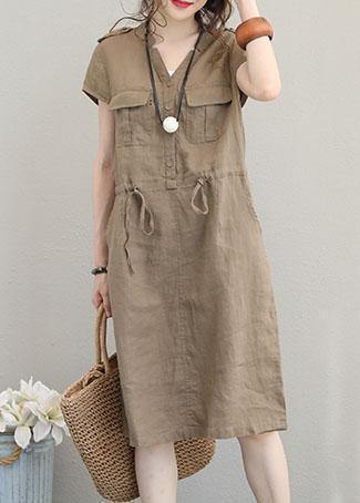 Chocolate Linen Clothes V Neck Drawstring Shift Summer Dresses
