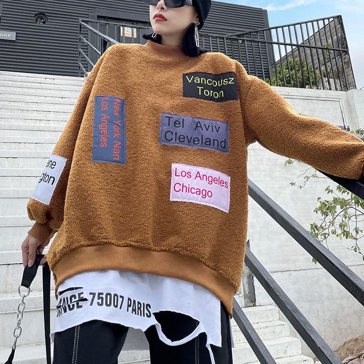 Women chocolate patchwork Letter tunic top Gifts o neck tops