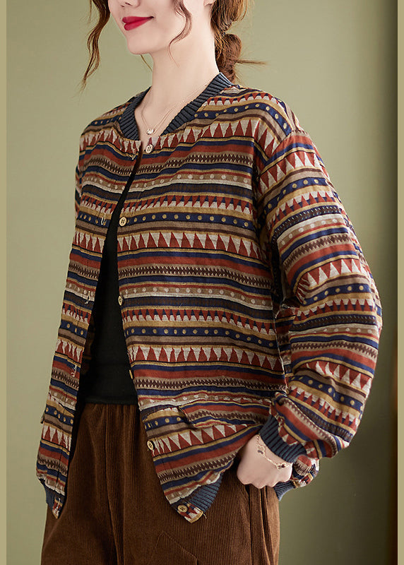 Chocolate Stand Collar Pockets Print Coat Long Sleeve