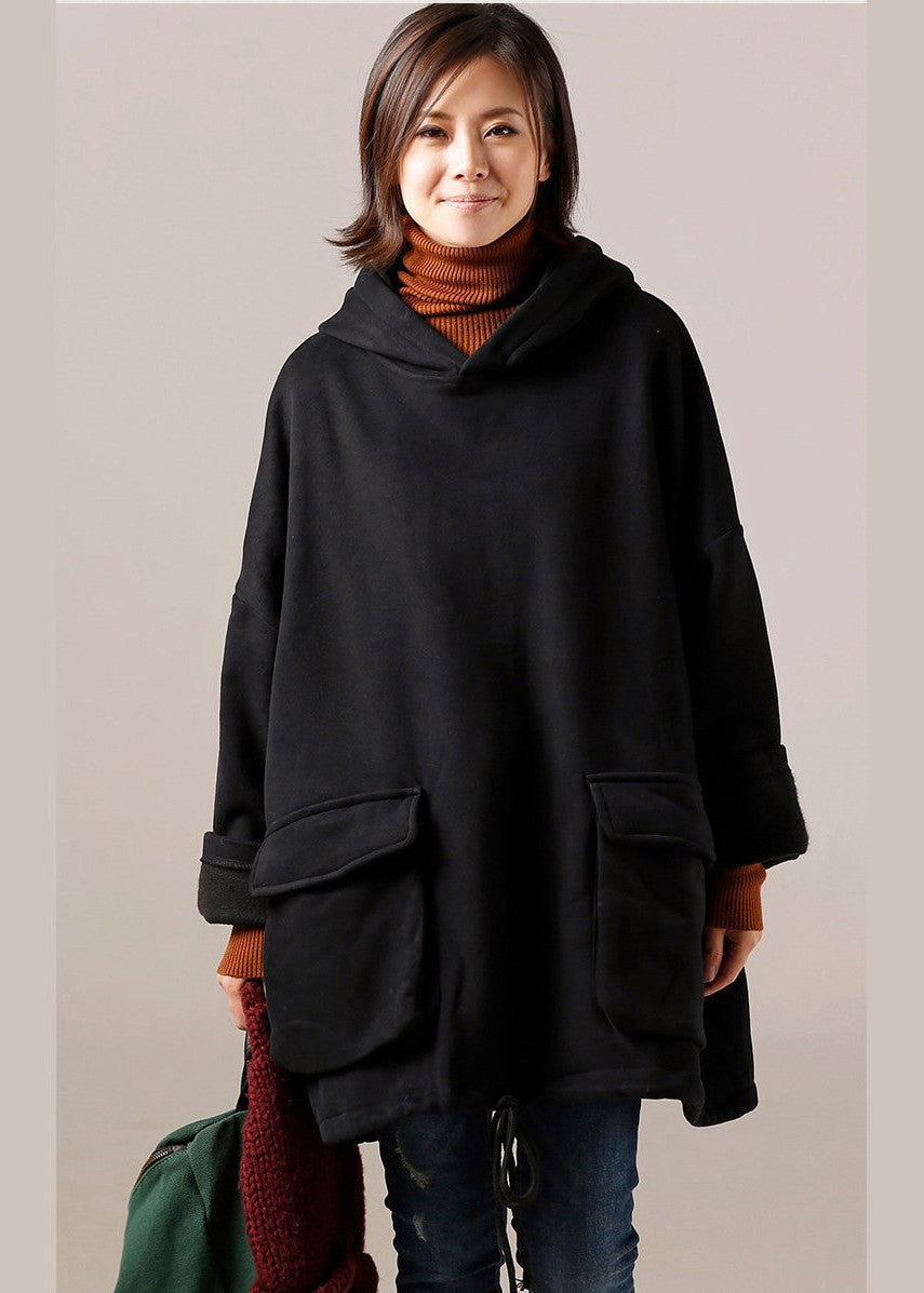 Cotton Blouses for High Neck Sewing Black Knee Blouses Hooded