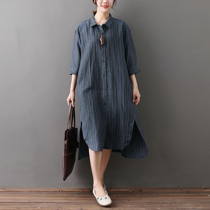 Cotton Linen Outfit Loose Irregular Hem Stripe Shirt Dress