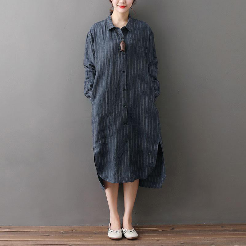 Cotton Linen Outfit Loose Irregular Hem Stripe Shirt Dress