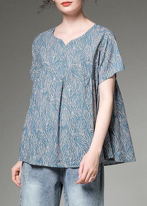 Cotton Linen Tunic Top Split Neck Blue Printed Pleated Short Sleeve T-shirt