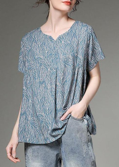 Cotton Linen Tunic Top Split Neck Blue Printed Pleated Short Sleeve T-shirt