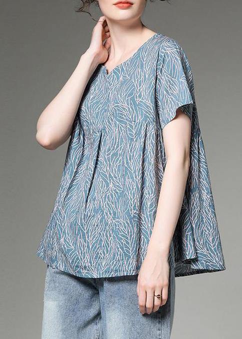Cotton Linen Tunic Top Split Neck Blue Printed Pleated Short Sleeve T-shirt