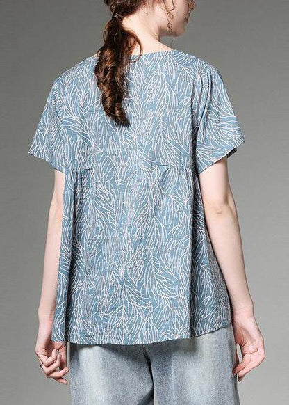 Cotton Linen Tunic Top Split Neck Blue Printed Pleated Short Sleeve T-shirt