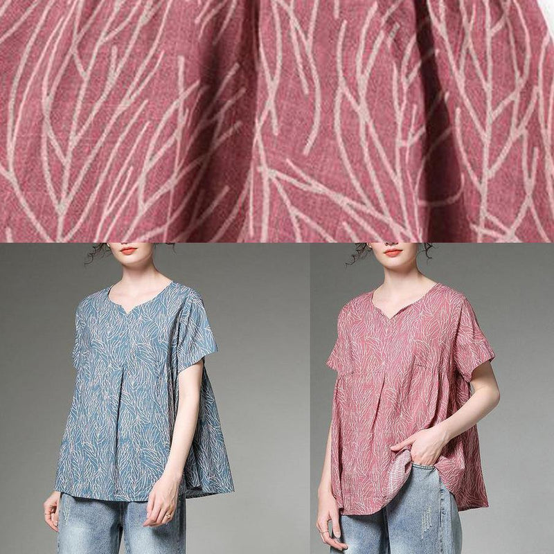Cotton Linen Tunic Top Split Neck Blue Printed Pleated Short Sleeve T-shirt