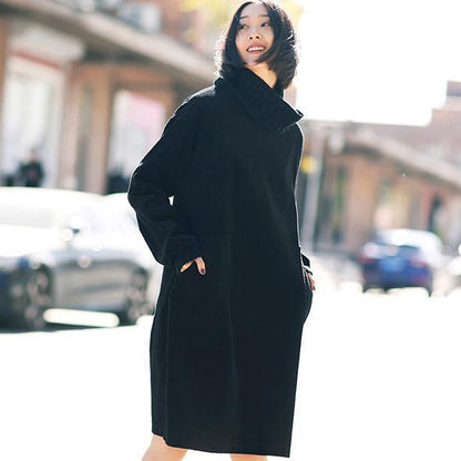Cotton Quilting Clothes Boutique High Neck Sleeve Black Art Dress Spring