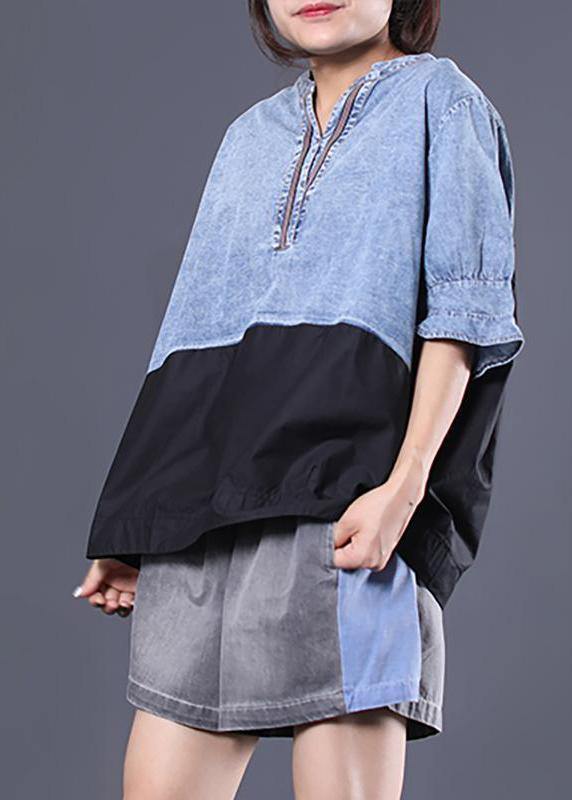 Cotton Shirts Cotton V-neck Spliced Pleated Short Sleeve Blouse