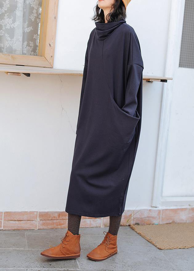 Dark Blue Cotton Tunics High Neck Patchwork Fall Dress