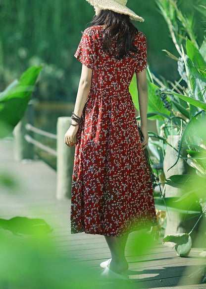 Dark Blue Print Cotton Linen Quilting Clothes V Neck Drawstring Art Summer Dress