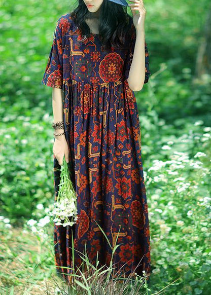 Dark Blue Print Linen Soft Surroundings O Neck Cinched Summer Dress