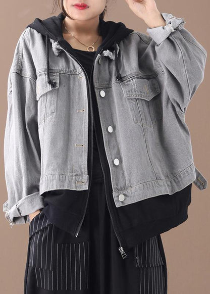 Denim Blue Patchwork Black Fine Tunic Coats Hooded Pockets Coat