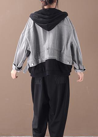 Denim Blue Patchwork Black Fine Tunic Coats Hooded Pockets Coat