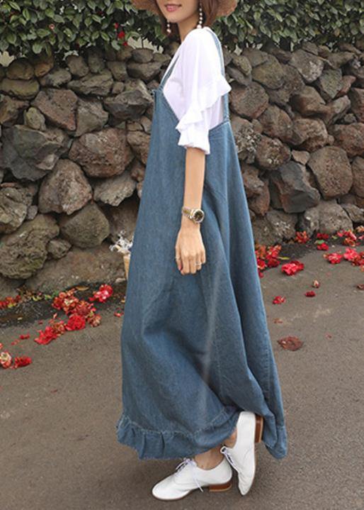Denim Blue Quilting Dresses Spaghetti Strap Ruffles Loose Dresses