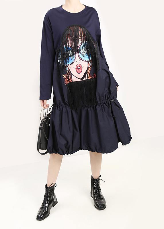 Drawstring Cotton Cartoon Girl Print Clothes Inspiration Blue Maxi Dresses