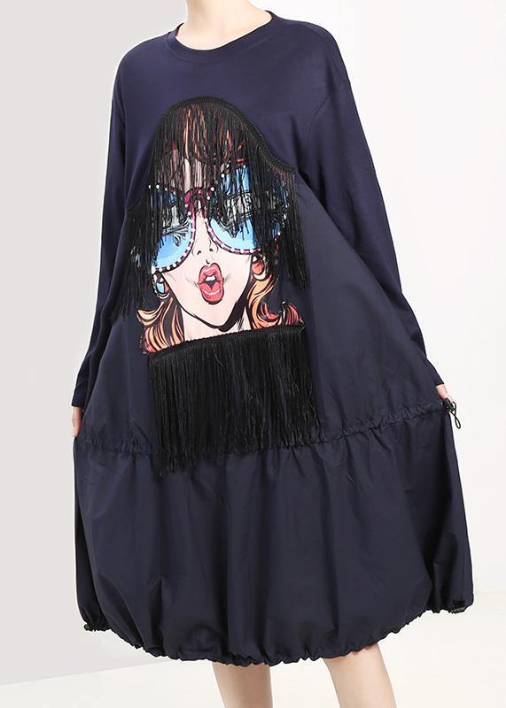 Drawstring Cotton Cartoon Girl Print Clothes Inspiration Blue Maxi Dresses