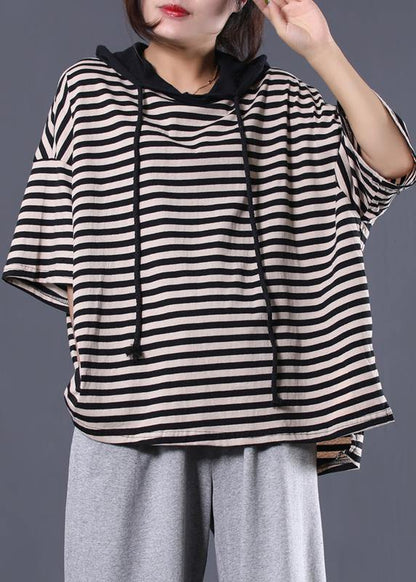 Drawstring Hooded Cotton Tunic Pattern Tunic Tops Black Striped Blouse Summer