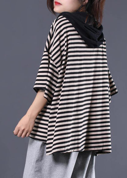 Drawstring Hooded Cotton Tunic Pattern Tunic Tops Black Striped Blouse Summer