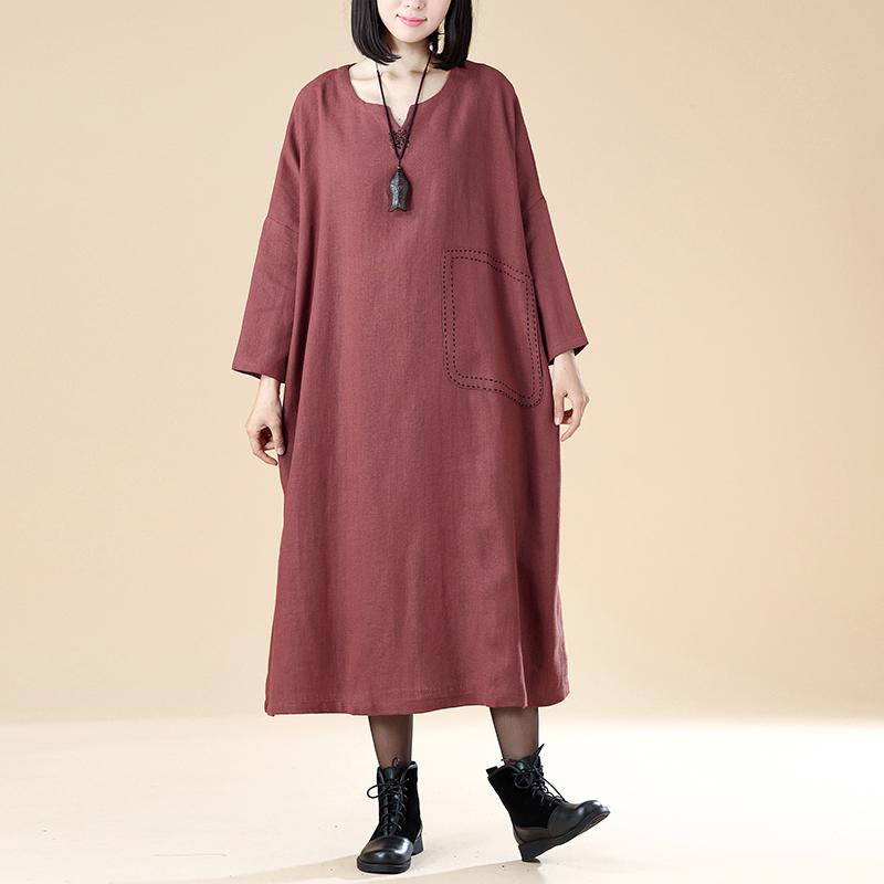 Dresses 18th Century Cotton Linen Autumn Round Neck Long Sleeve Loose Dress
