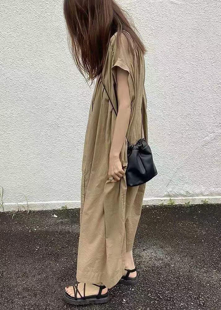 Easy Khaki Button Cotton Long Dress Short Sleeve