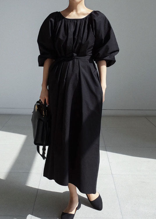Easy Black Tie Waist Puff Sleeve Cotton Long Dress
