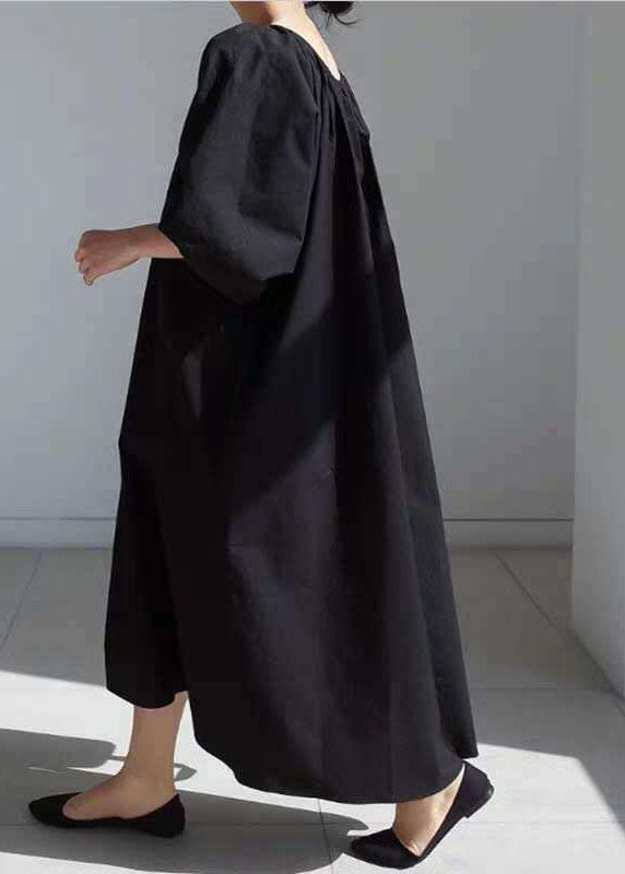 Easy Black Tie Waist Puff Sleeve Cotton Long Dress