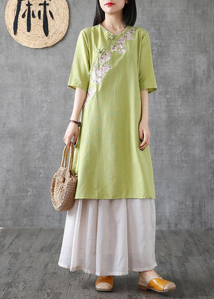 Embroidery Chinese Button Linen Catwalk Green Dress