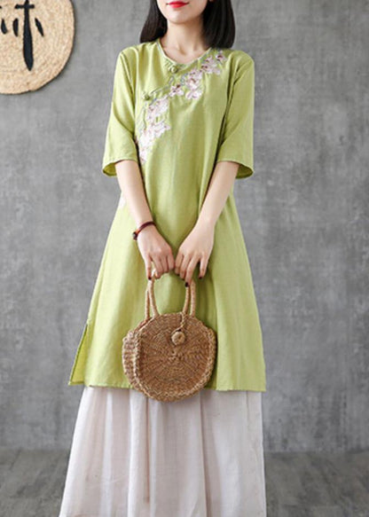 Embroidery Chinese Button Linen Catwalk Green Dress