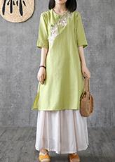 Embroidery Chinese Button Linen Catwalk Green Dress