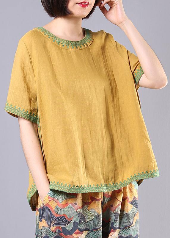 Embroidery Cotton Linen Tunic Yellow Loose Shirts Summer