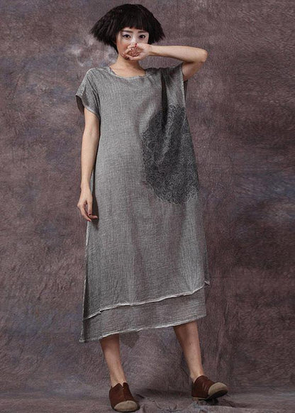 Embroidery Linen Cotton Clothes for Outfits Gray Side Open Dresses Summer