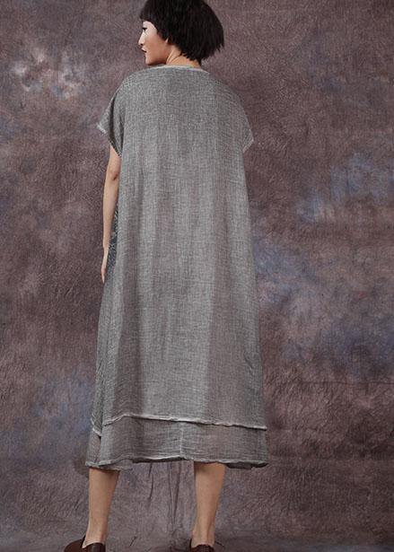 Embroidery Linen Cotton Clothes for Outfits Gray Side Open Dresses Summer