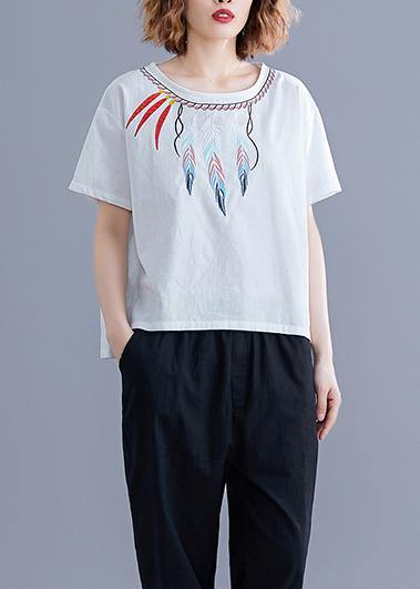 Embroidery Linen Crane Tops Neckline White Shirts Summer