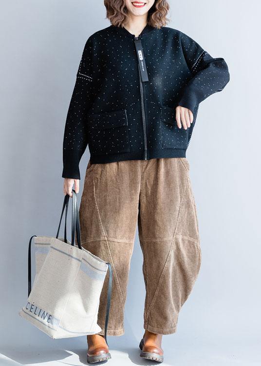 Fall Black Knitted Blouse Zippered Clothes for