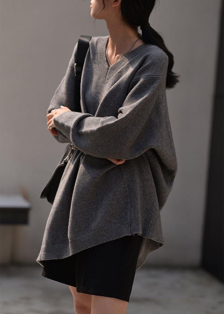 Fall Dark Gray Sweaters Oversized V Neck Blouse