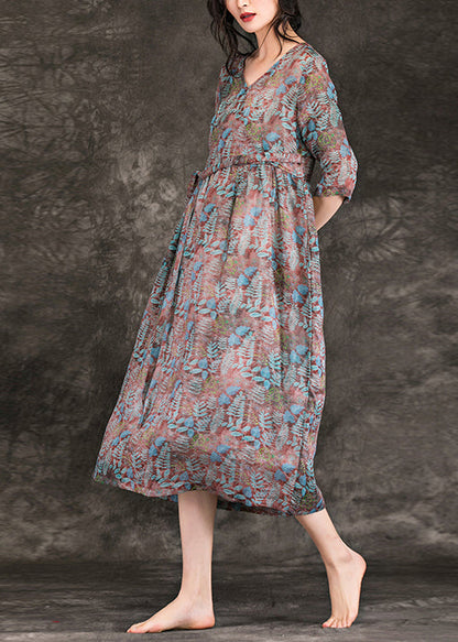 Linen Dresses Shirts V Neck Three Quarter Sleeve Maxi Summer Dress